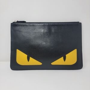 FENDI Monster Eyes Black/Yellow Leather Flat Clutch